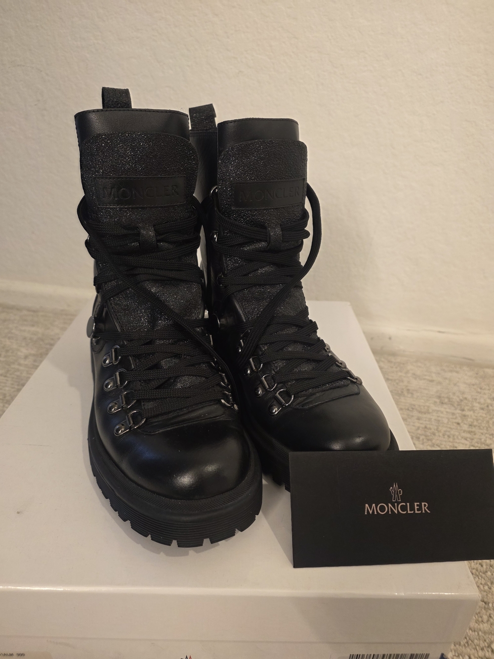 Moncler Bernice Stivale Black Leather Combat Boots Size 39 US 9 Box Dust Bag